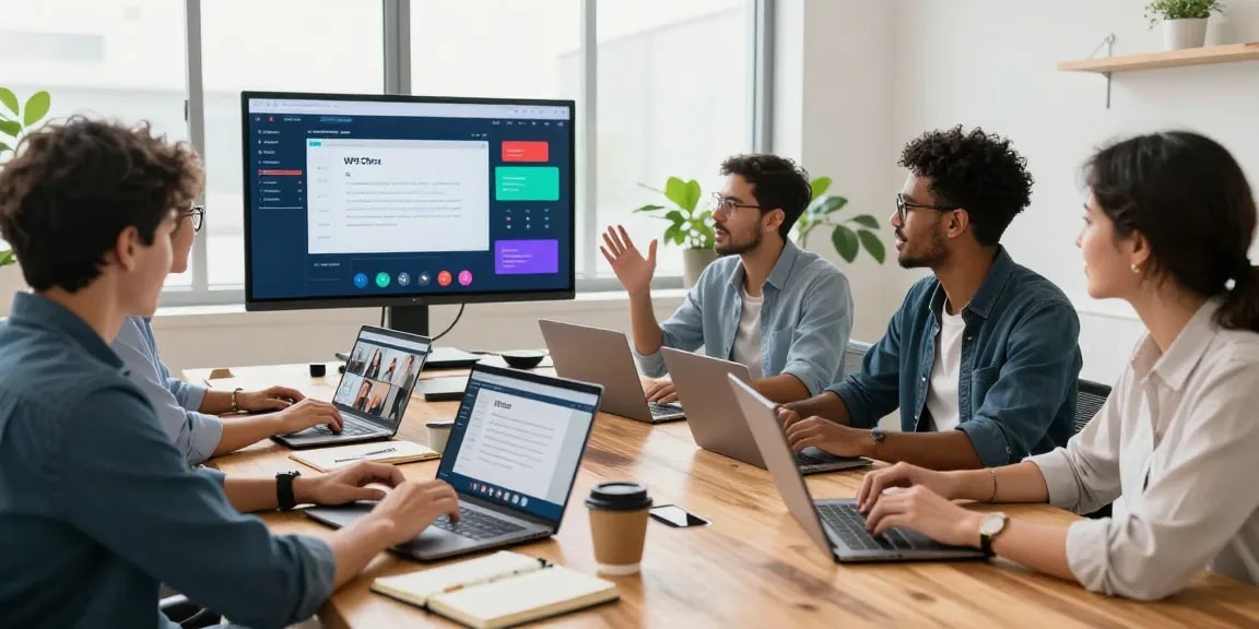 Professionals collaborating in a modern workspace using WPS Official Website tools for productivity.