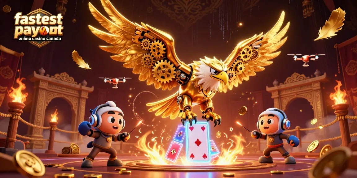 Experience the fastest payout online casino Canada with a cybernetic eagle amidst play cards.