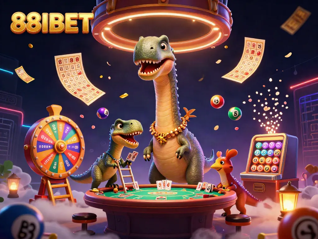 Experience winning moments at 88IBET highlighted by a towering brontosaurus and vivid casino elements.
