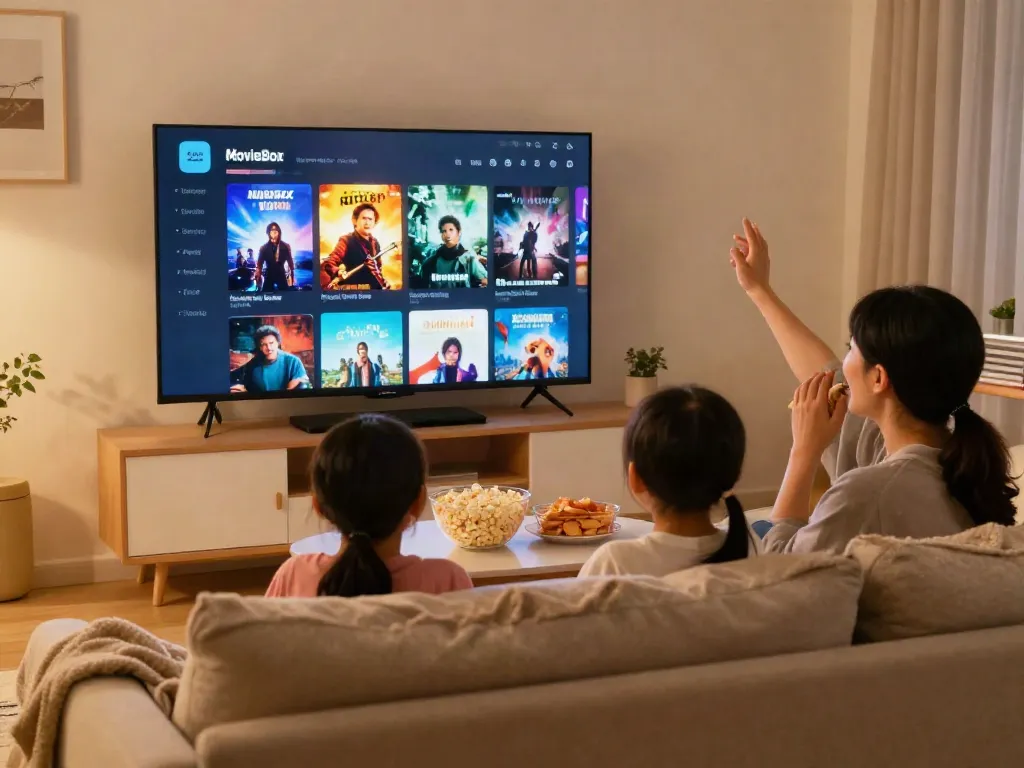 Family enjoying movie night with the MovieBox Pro App on the TV