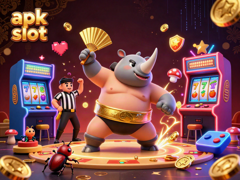 Experience the thrill of apk slot as a rhinoceros beetle sumo champion stomps coins in a vibrant casino