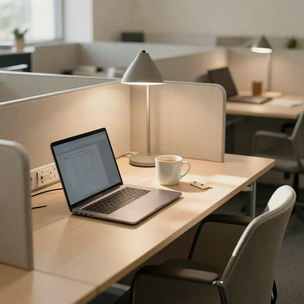 Hot desk bay with laptop, mug, lamp, outlet strip and day-pass token in a bright shared workspace.