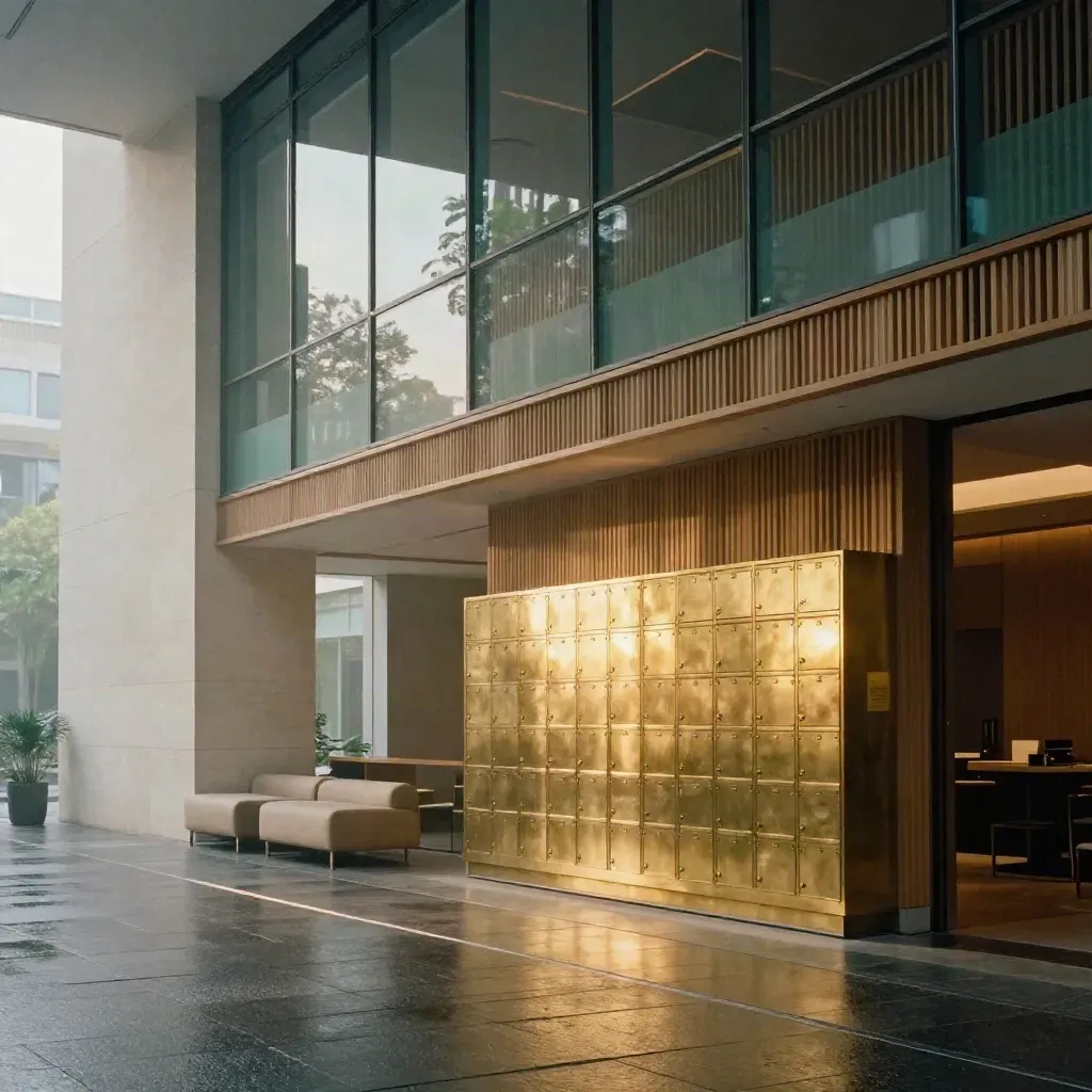 Grand Shared Spaces lobby with glowing brass lockers, oak slats, stone wall and glass offices.