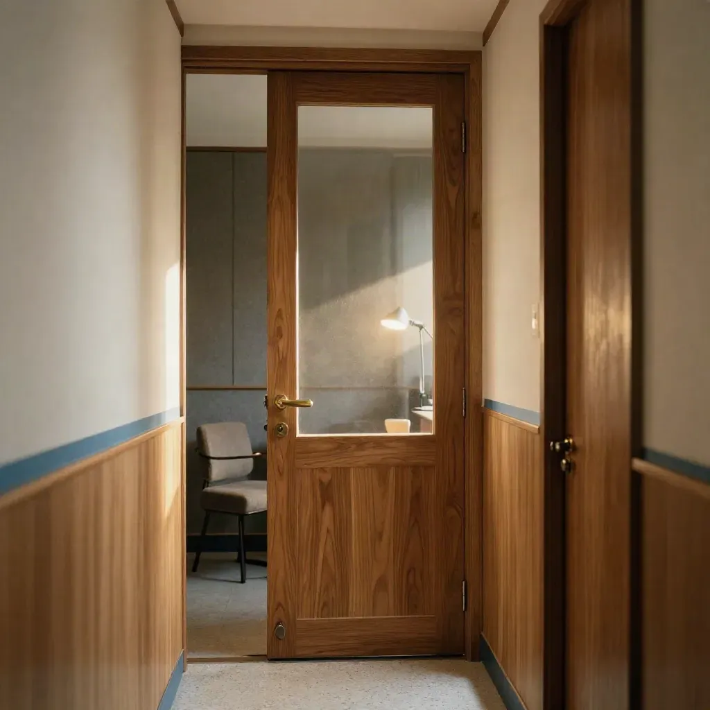 Low-angle corridor view of a walnut private office glowing behind frosted glass