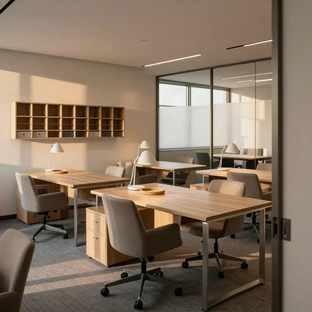 Empty startup office suite with six desks, glass meeting room, task lamps, and a mail setup