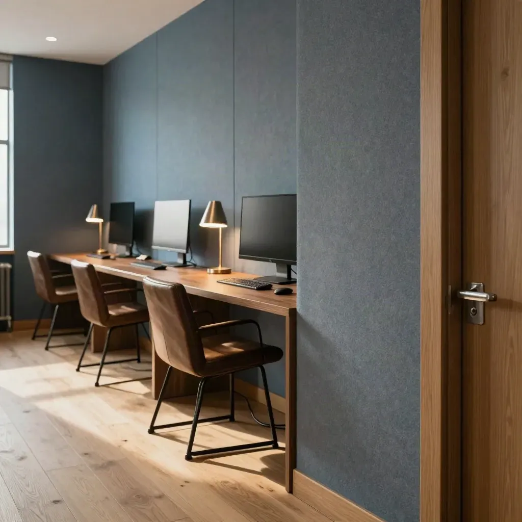 Empty private office with felt panels, three desks, and warm late-afternoon lamp light.