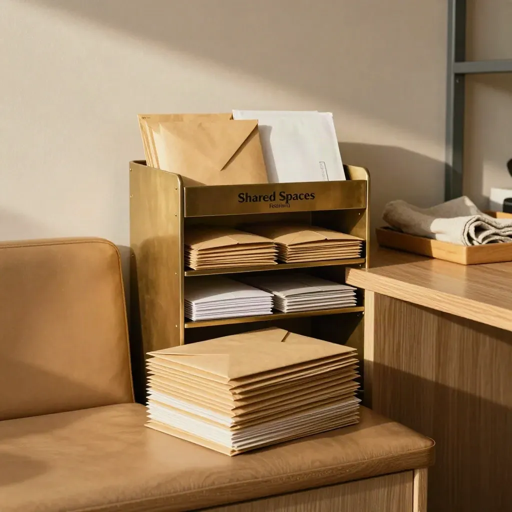 Mail sorter, parcel shelf, hot desk corner and entry bench in a calm coworking space.