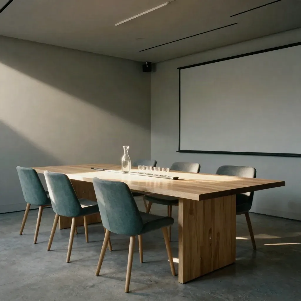 Empty coworking meeting room with oak table, teal chairs, carafe, and dramatic side light.