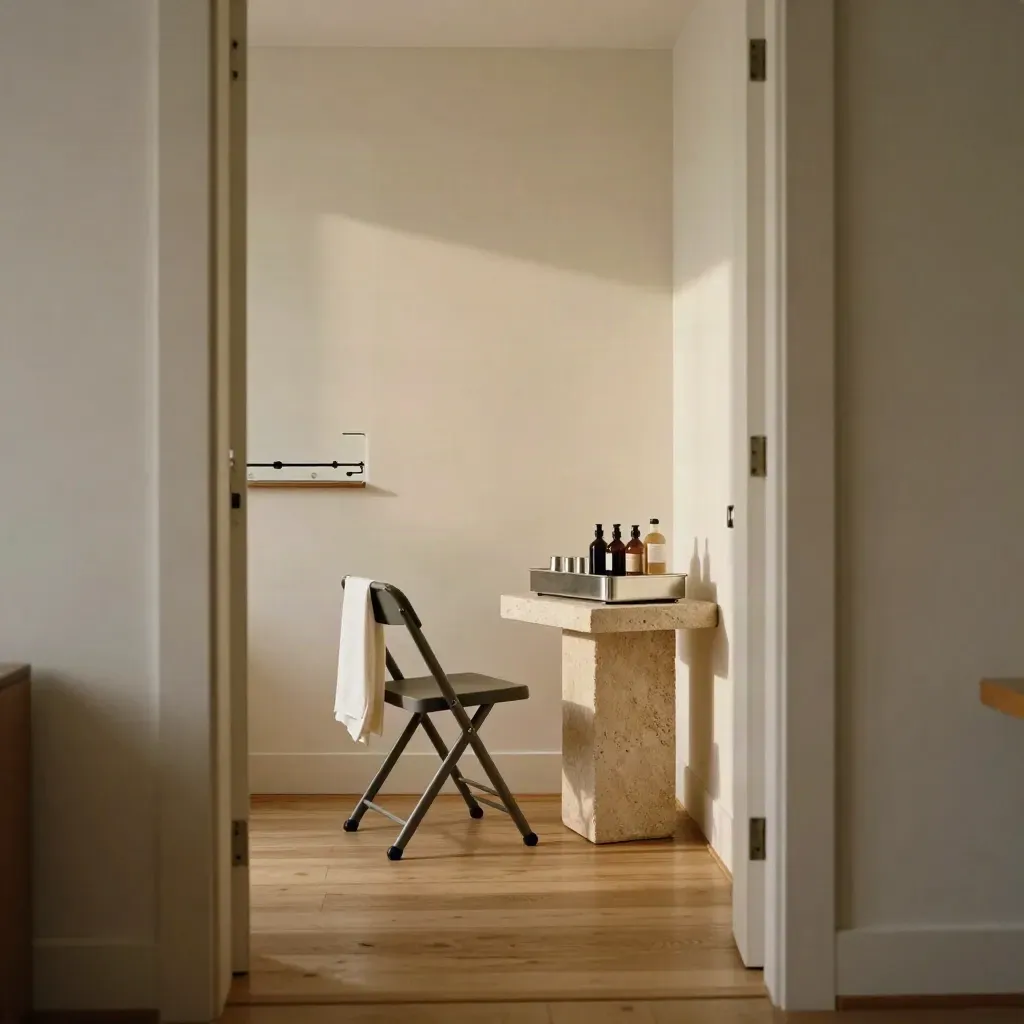 Empty consulting room ready for rapid appointments, with stool, sanitizing tray and reception pass-through.