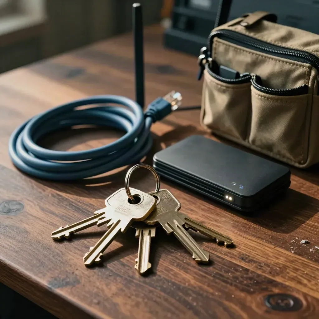 Keys, router, ethernet cable, and tool pouch on a dark workbench under raking light.