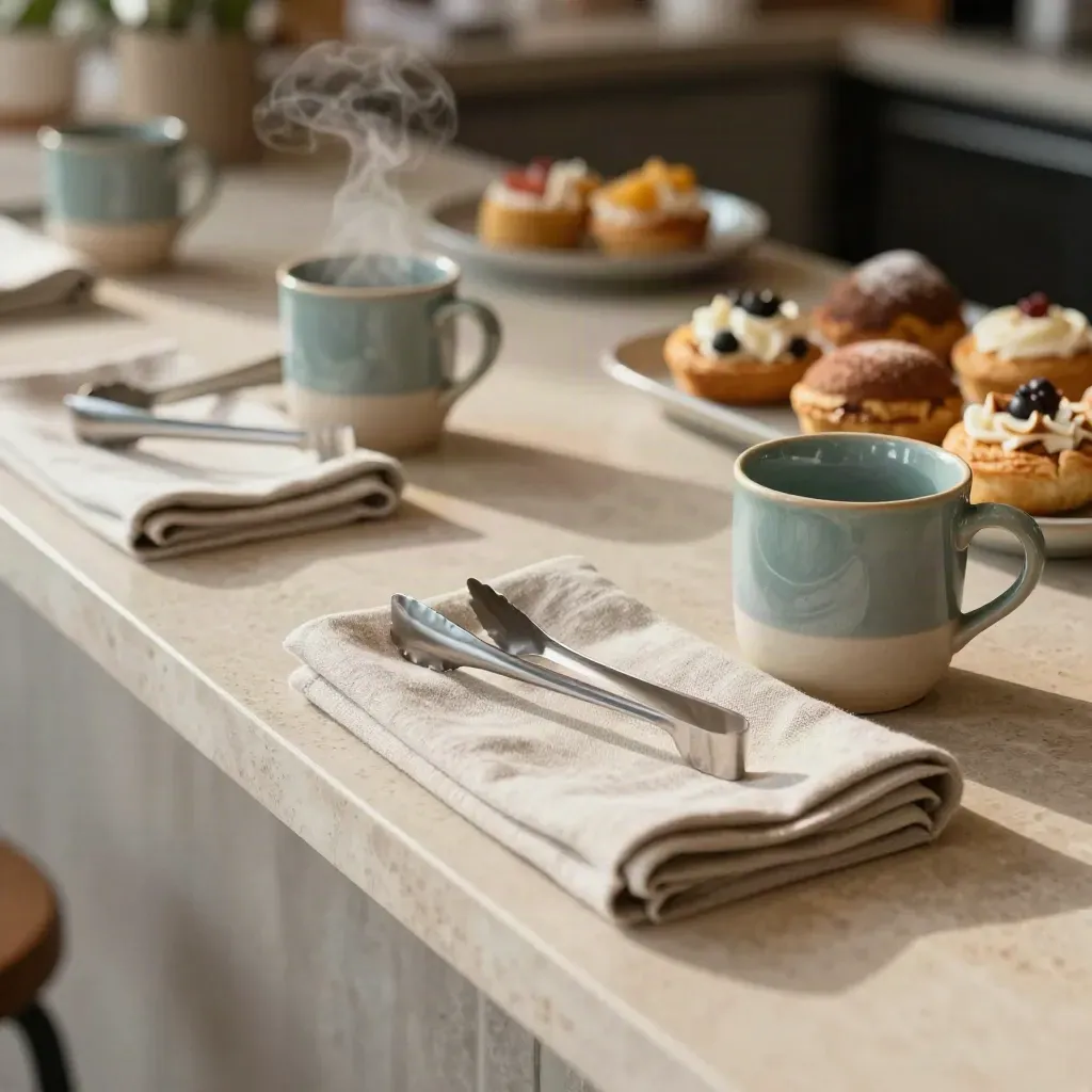 Ceramic mugs, linen, tongs, and pastries on a limestone counter with steam