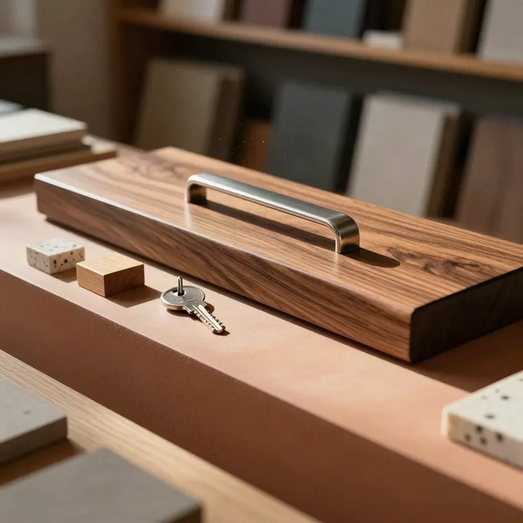 Walnut office sample board with handle, key, and miniature flooring blocks in warm daylight