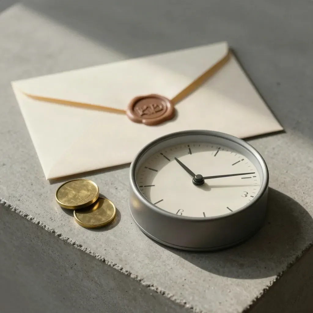 Clock, brass booking chips, and sealed envelope on concrete in soft side light