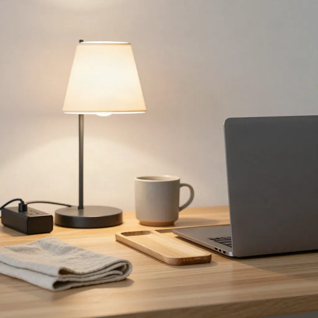 Lit desk lamp, closed laptop, mug, and power strip on pale oak tray