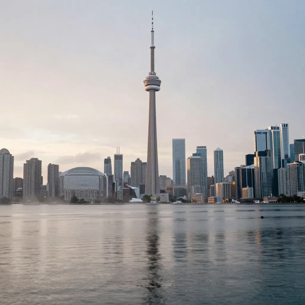 Toronto skyline and CN Tower above misty Lake Ontario at dusk