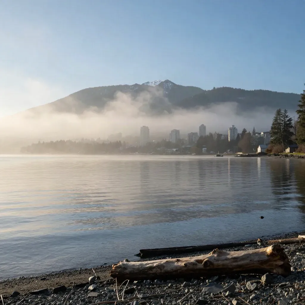 Foggy Metro Vancouver skyline and mountains above calm waterfront at golden hour.