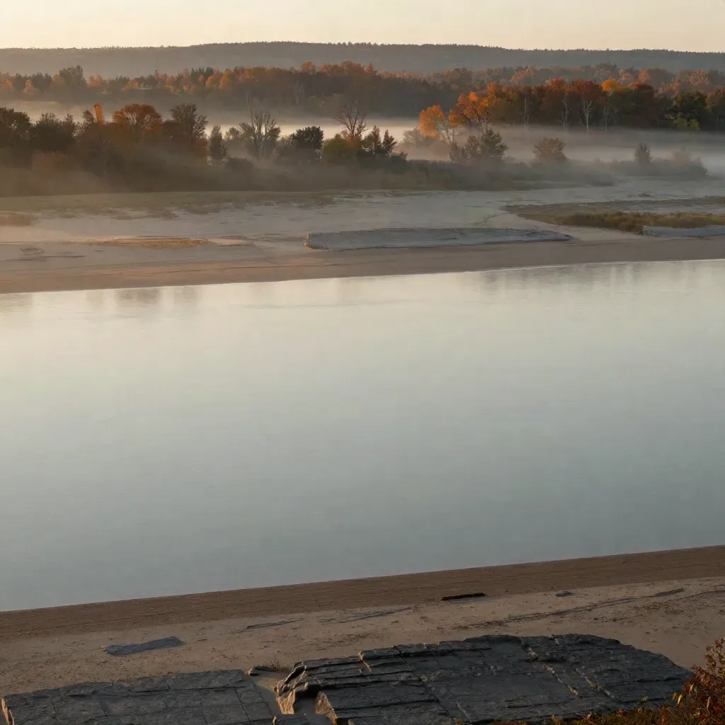 Misty Ottawa Valley river plain with distant ridge, autumn tree line, and open calm water.