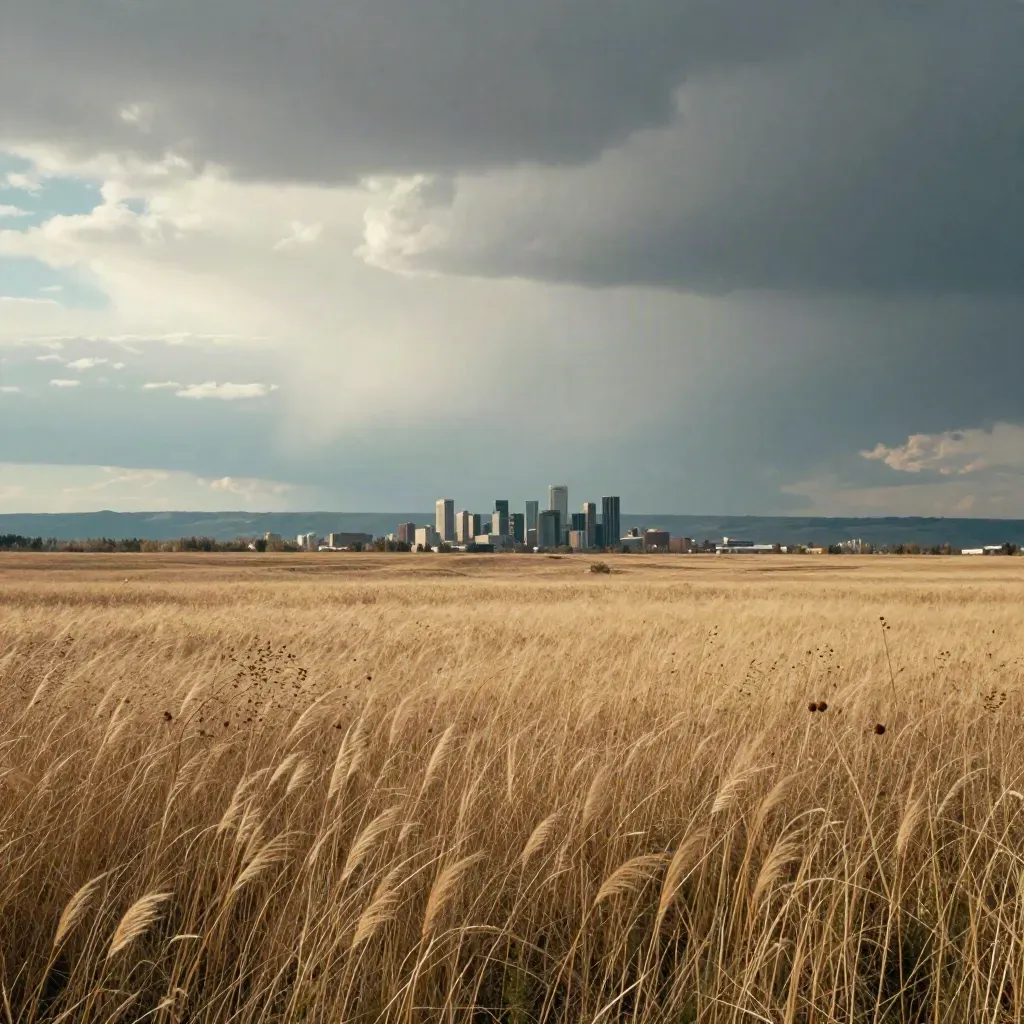 Prairie grass with Calgary skyline and foothills under clearing storm light