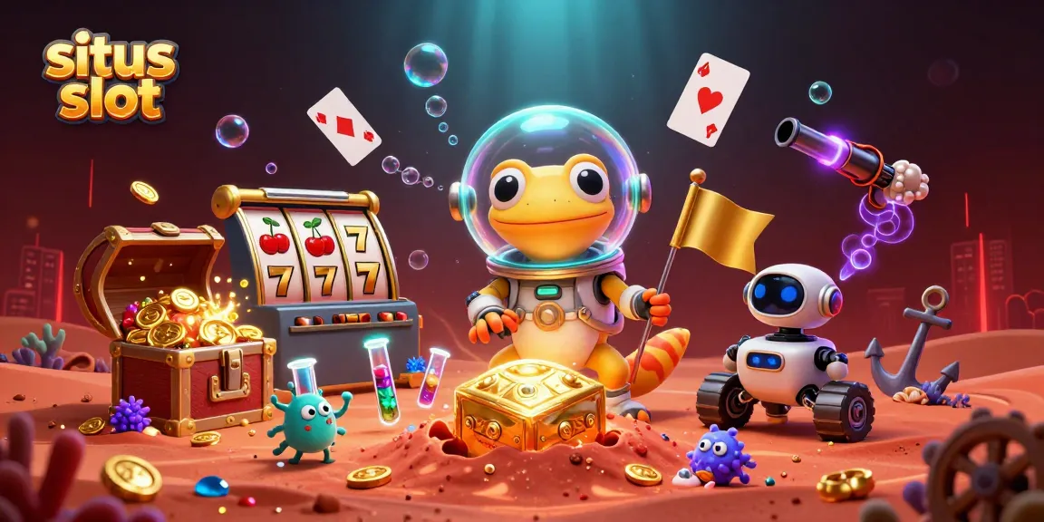 Menyelami situs slot dengan Martian gecko dan elemen kasino yang berkilau di bawah cahaya.
