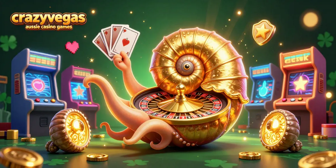 Immerse in crazyvegas aussie casino games with a dazzling 3D illustration of a giant nautilus, roulette, and glowing companions.